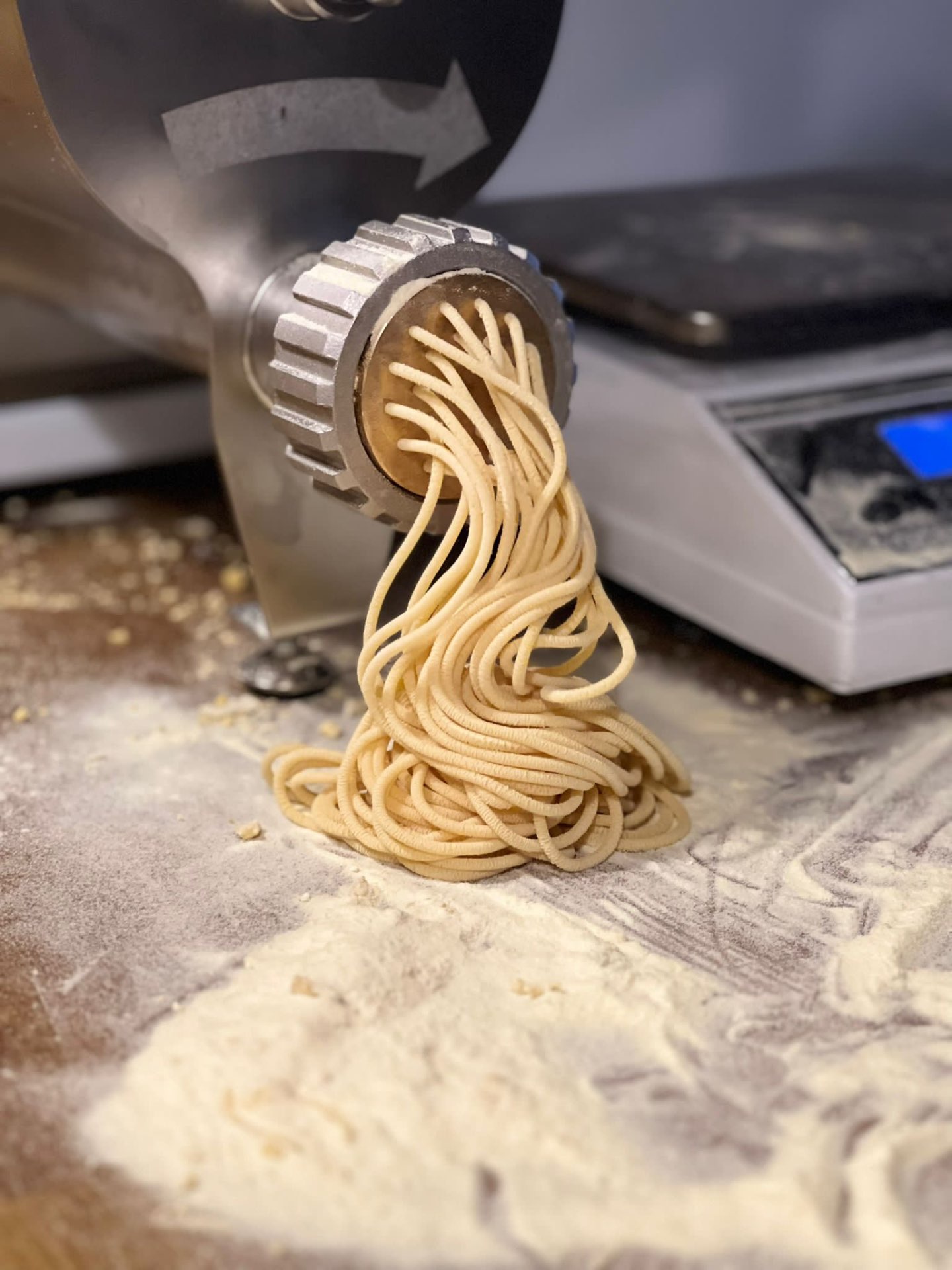 Fresh spaghetti being made in-house at Pentole & Padelle